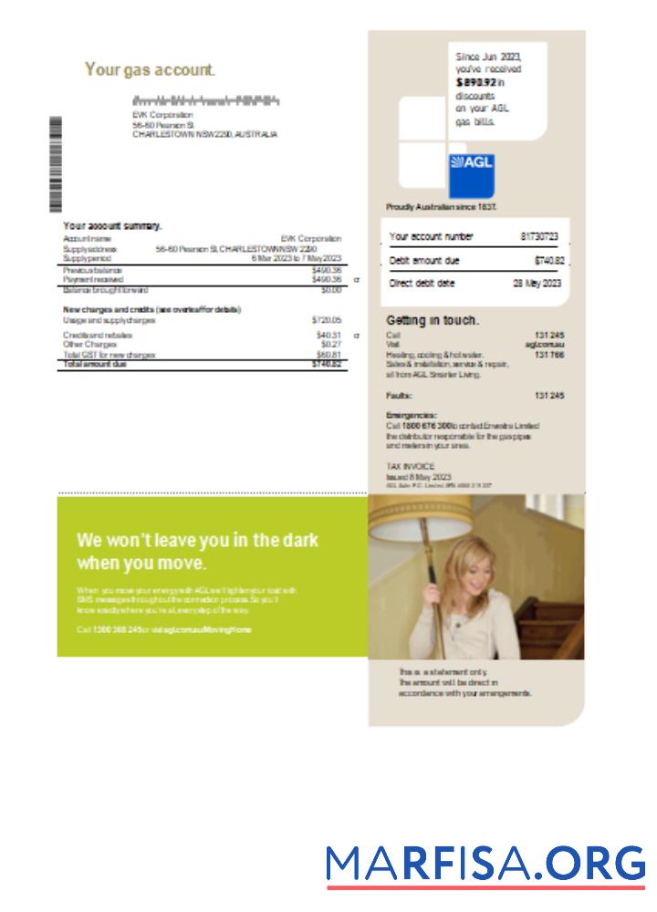 Printable AGL Australia gas utility business bill, SCR example